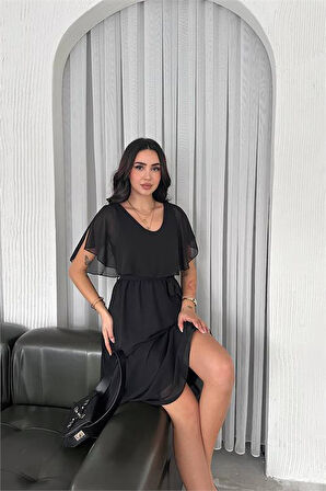 Dipmoda kadın kuşaklı midi boy şifon elbise DPK4116
