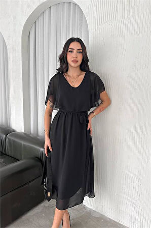 Dipmoda kadın kuşaklı midi boy şifon elbise DPK4116