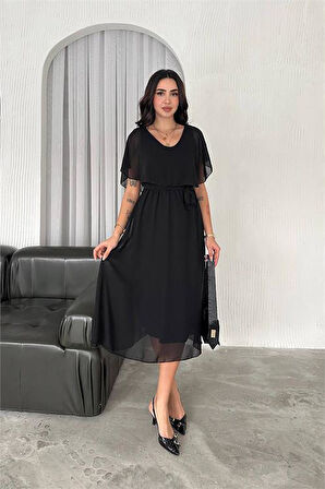 Dipmoda kadın kuşaklı midi boy şifon elbise DPK4116