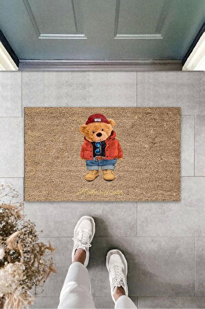 Kahverengi Kapı Önü Paspası Hello Winter Ayıcık Desen  K-3245