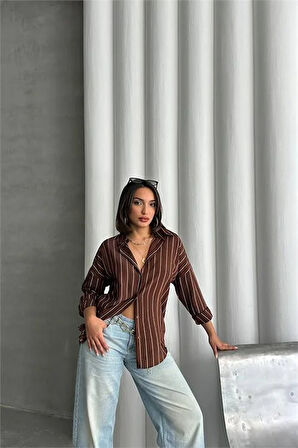 Dipmoda kadın çizgili oversize likralı gömlek DPG075