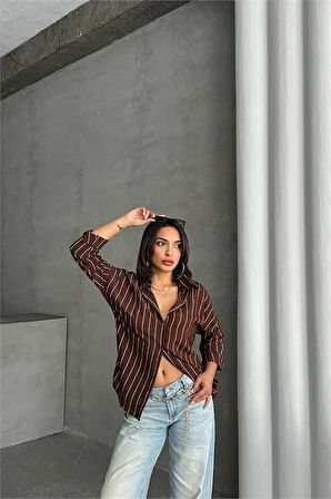 Dipmoda kadın çizgili oversize likralı gömlek DPG075