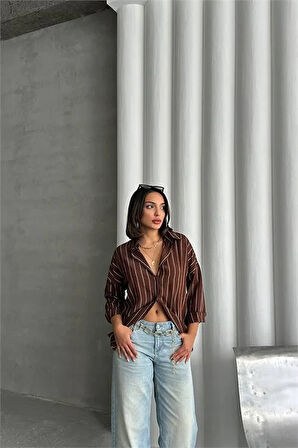 Dipmoda kadın çizgili oversize likralı gömlek DPG075