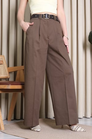 Modi Green Kemerli Pamuk Gabardin Wide Leg Pantolon Kahve - 32428.1397.