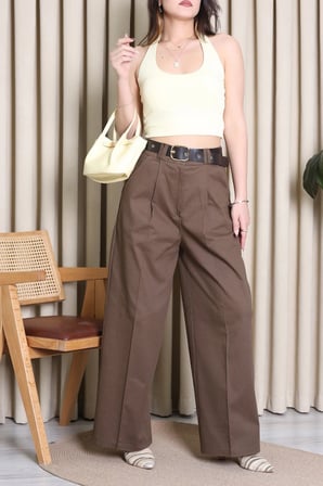 Modi Green Kemerli Pamuk Gabardin Wide Leg Pantolon Kahve - 32428.1397.