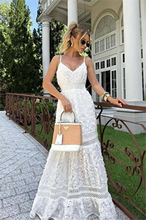 Dipmoda kadın beyaz askılı tasarım elbise DPEMP2667