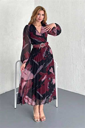 Dipmoda kadın kemerli kruvaze yaka desenli şifon elbise DPK20302