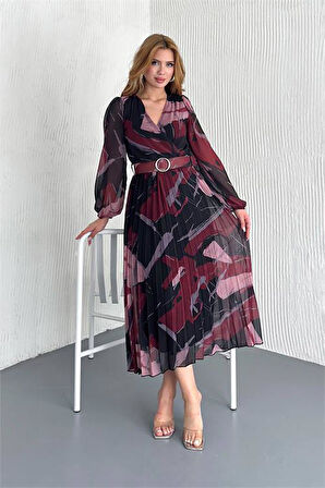 Dipmoda kadın kemerli kruvaze yaka desenli şifon elbise DPK20302