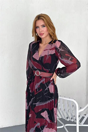 Dipmoda kadın kemerli kruvaze yaka desenli şifon elbise DPK20302