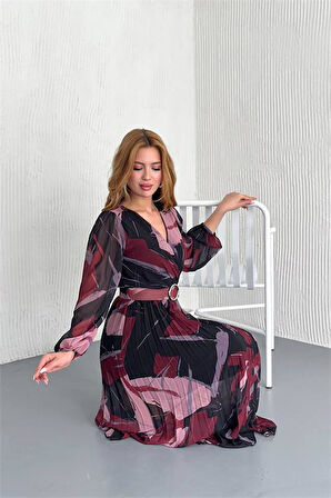 Dipmoda kadın kemerli kruvaze yaka desenli şifon elbise DPK20302