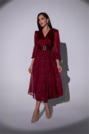 Dipmoda kadın kemerli kruvaze yaka simli gece elbisesi DPMY3590