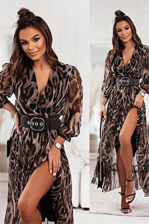 Dipmoda kadın kemerli leopar desenli uzun elbise DPEMP2152