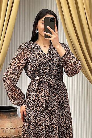 Dipmoda kadın kuşaklı leopar desenli şifon elbise DPMY3709