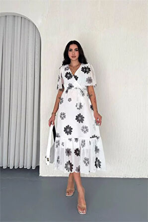 Dipmoda kadın kuşaklı çiçek desenli şifon elbise DPK41181