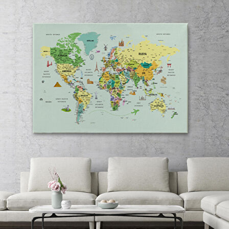 Harita Sepeti Türkçe Dünya Haritası Çok Detaylı Ünlü Yerler Sembollü Kanvas Tablo 1741