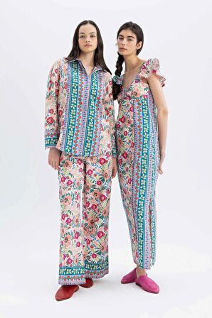 DeFacto Lug Von Siga x DeFacto Poplin Kumaş Pantolon Wide Leg Geniş Paça Desenli Normal Bel C1133AX24SMWT32