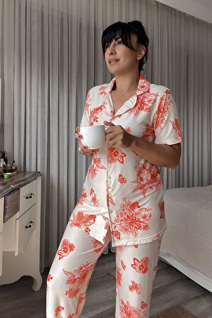 Turuncu Çiçek Desenli Krem Pijama Takımı