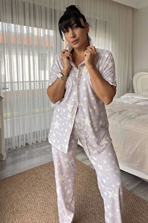 Lila Yıldız Desenli Pijama Takımı