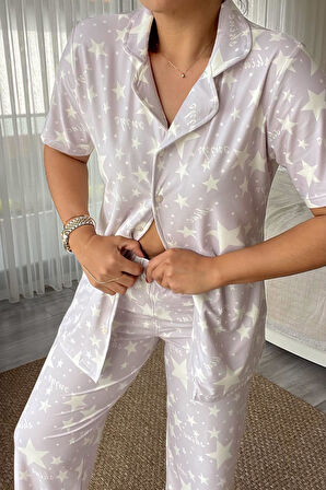 Lila Yıldız Desenli Pijama Takımı