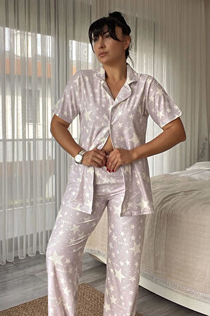 Lila Yıldız Desenli Pijama Takımı