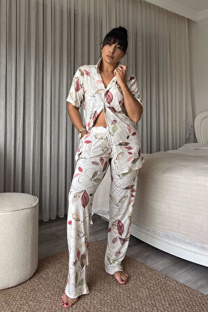 Renkli Yaprak Desenli Penye Pijama Takımı