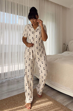 Ekru Kalp Desenli Yumoş Pijama Takımı