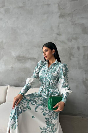 Dipmoda kadın kemerli uzun desenli gömlek elbise DPMS4220