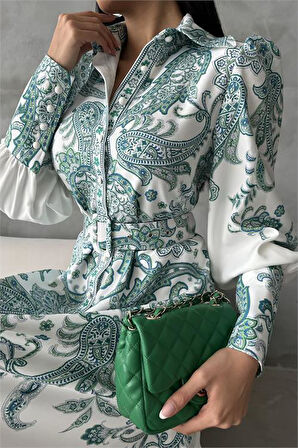 Dipmoda kadın kemerli uzun desenli gömlek elbise DPMS4220