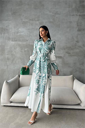 Dipmoda kadın kemerli uzun desenli gömlek elbise DPMS4220