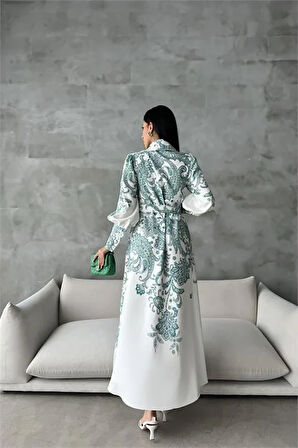 Dipmoda kadın kemerli uzun desenli gömlek elbise DPMS4220