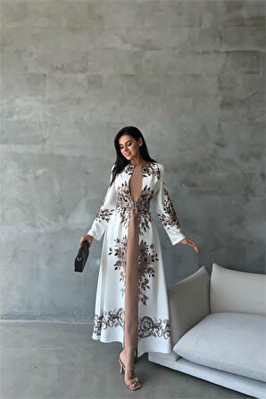 Dipmoda kadın yazlık babel kumaş desenli uzun elbise DPMS42127