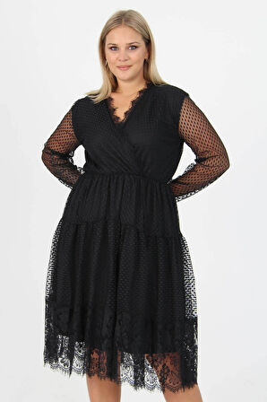 Dipmoda kadın yeni sezon tül detaylı kruvaze yaka büyük beden elbise APCX14