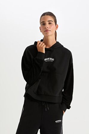 DeFactoFit NBA Miami Heat Kapüşonlu Kalın Sweatshirt D2359AX24AUBK81