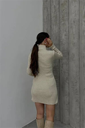 Dipmoda kadın bej fitilli mini triko elbise DPDM1208