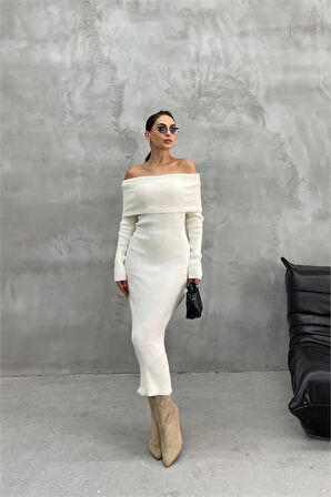 Dipmoda kadın triko ekru madonna yaka uzun elbise DPDM1218