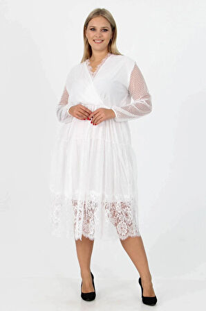 Dipmoda kadın yeni sezon tül detaylı kruvaze yaka büyük beden elbise APCX14