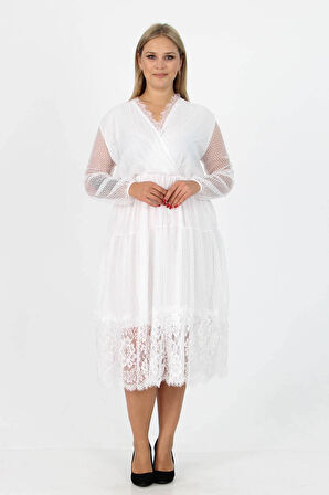 Dipmoda kadın yeni sezon tül detaylı kruvaze yaka büyük beden elbise APCX14