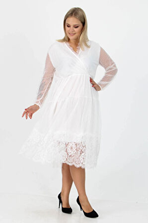 Dipmoda kadın yeni sezon tül detaylı kruvaze yaka büyük beden elbise APCX14