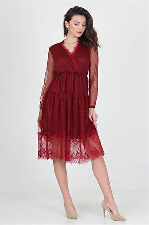 Neseli butik kruvaze yaka eteği güpür detaylı yeni sezon elbise DP0010