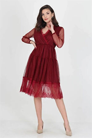 Neseli butik kruvaze yaka eteği güpür detaylı yeni sezon elbise DP0010