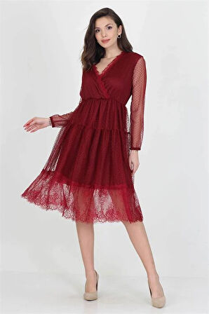 Neseli butik kruvaze yaka eteği güpür detaylı yeni sezon elbise DP0010