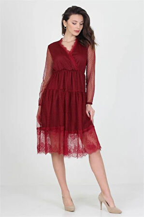 Neseli butik kruvaze yaka eteği güpür detaylı yeni sezon elbise DP0010