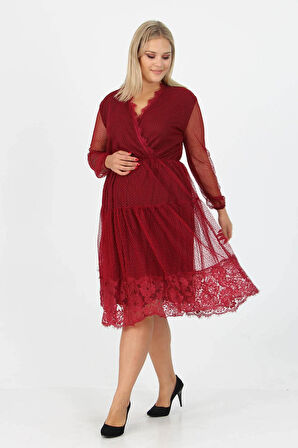 Dipmoda kadın yeni sezon tül detaylı kruvaze yaka büyük beden elbise APCX14