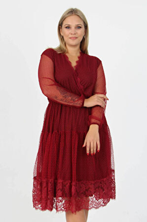 Dipmoda kadın yeni sezon tül detaylı kruvaze yaka büyük beden elbise APCX14