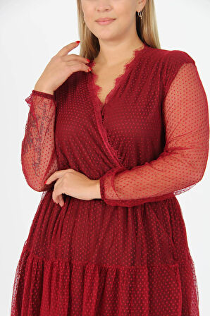 Dipmoda kadın yeni sezon tül detaylı kruvaze yaka büyük beden elbise APCX14