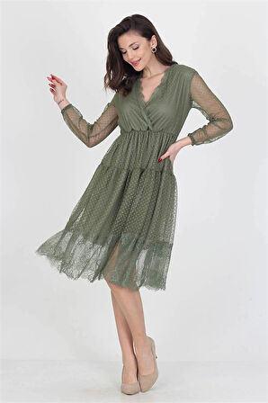 Neseli butik kruvaze yaka eteği güpür detaylı yeni sezon elbise DP0010