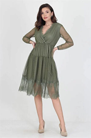 Neseli butik kruvaze yaka eteği güpür detaylı yeni sezon elbise DP0010