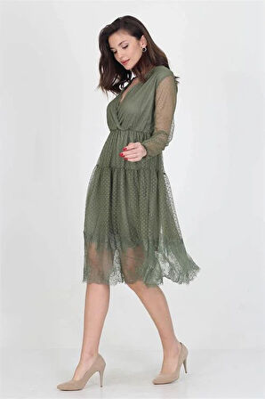 Neseli butik kruvaze yaka eteği güpür detaylı yeni sezon elbise DP0010