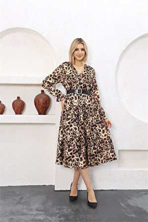Dipmoda kadın leopar midi boy kemerli saten elbise RSSN51