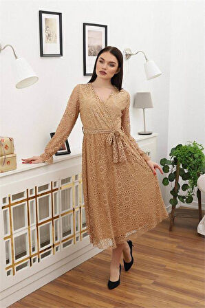 Dipmoda kadın bağlama detaylı dantel elbise RSSN619 - Camel
